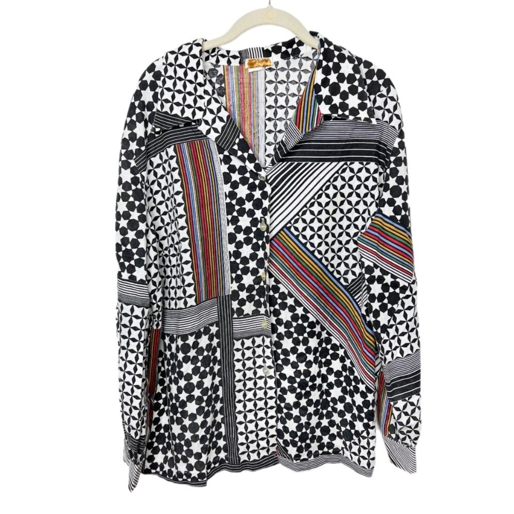 Vintage Lori Lynn 80s Rainbow Striped Pride Black White Pattern XL